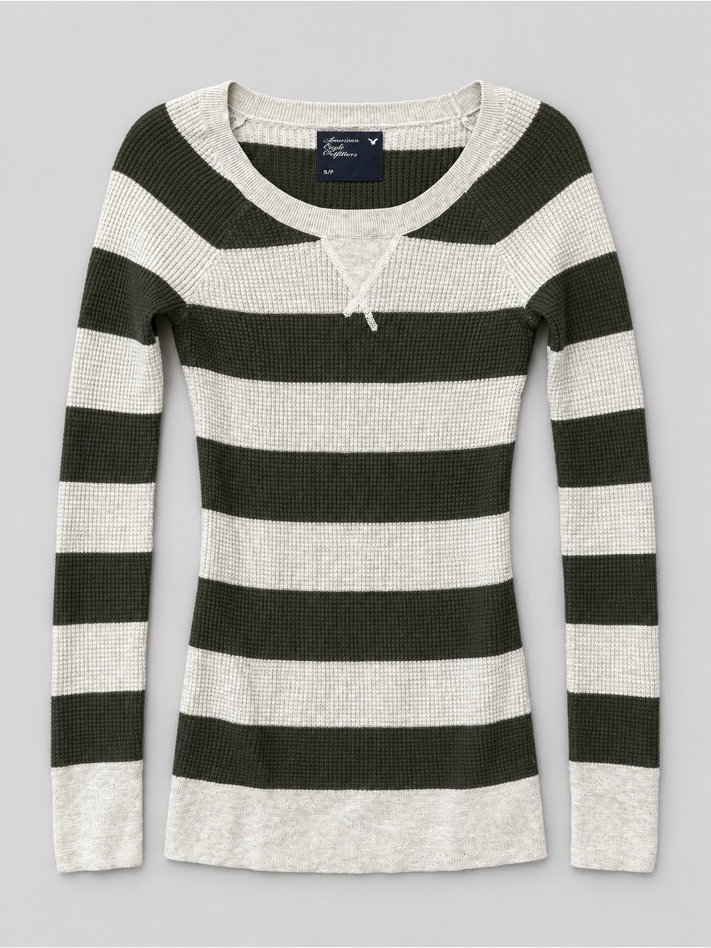 American Eagle Outfitters Olive & Cream Striped Scoop Neck Thermal Sweater